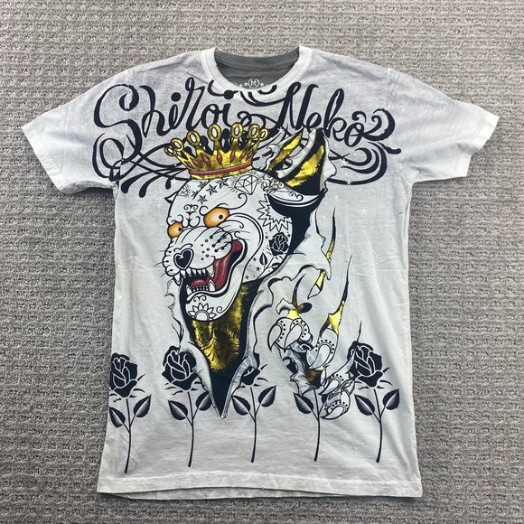SHIROI NEKO Shirt Men Medium M Light Gray Crowned Tiger Roses Back to Back Print - Picture 1 of 14